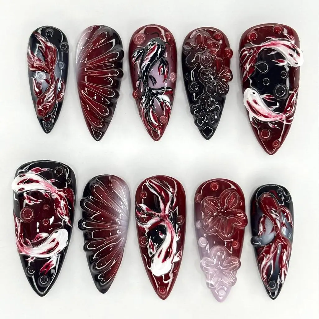 324. Crimson Flow Press-On Nails, 3D Marble & Fluid Patterns, Deep Red and Black Gradient Design, Elegant Handmade Art for Autumn or Holiday Look, Perfect Gift for Stylish Women