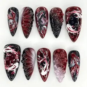 324. Crimson Flow Press-On Nails, 3D Marble & Fluid Patterns, Deep Red and Black Gradient Design, Elegant Handmade Art for Autumn or Holiday Look, Perfect Gift for Stylish Women