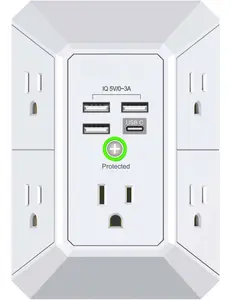 Wall Charger, Surge Protector, QINLIANF 5 Outlet Extender with 4 USB Charging Ports, 3-Sided 1680J Power Strip Multi Plug Adapter Spaced for Home Travel Office