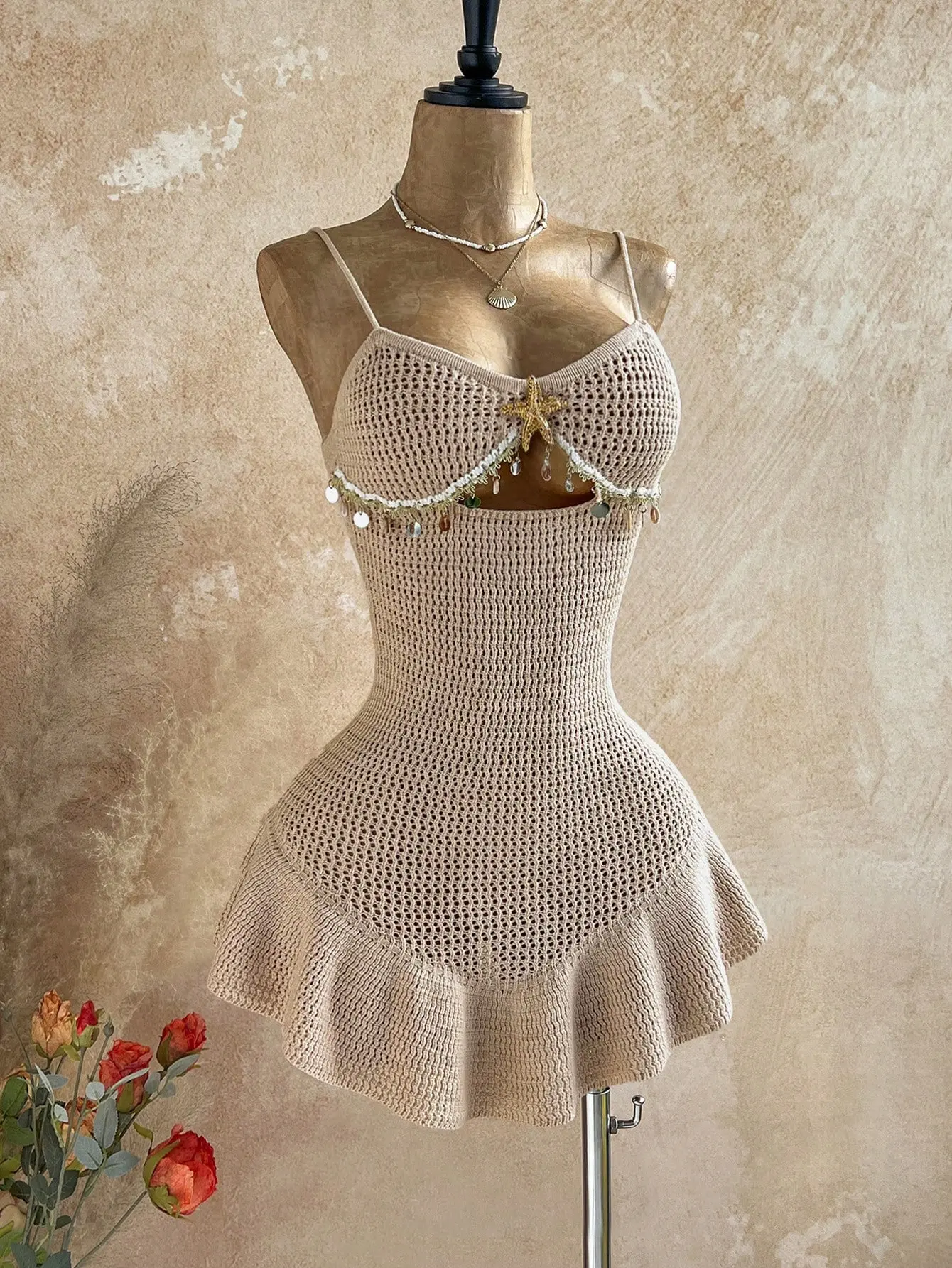 Women’s Crochet Knit Dress – Hollow Out Starfish Tassel Mini Dress, Boho Beach Vacation, Festival, Party Outfit