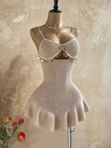 Women’s Crochet Knit Dress – Hollow Out Starfish Tassel Mini Dress, Boho Beach Vacation, Festival, Party Outfit