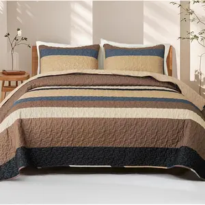 Full Queen Size Reversible Camel Quilt Set with 2 Pillow Shams, Lightweight Boho Striped Bedspreads Coverlet Bedding Set for All Seasons