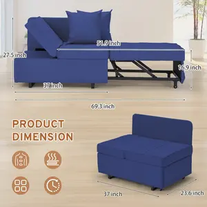 5-Position Adjustable Backrest Sleeper Chair (Dark Blue) - 3-in-1 Convertible Sofa Bed with Pull Out Storage Bench, Faux Linen Fabric, Fold Out for Small Rooms, Apartments & Living Rooms