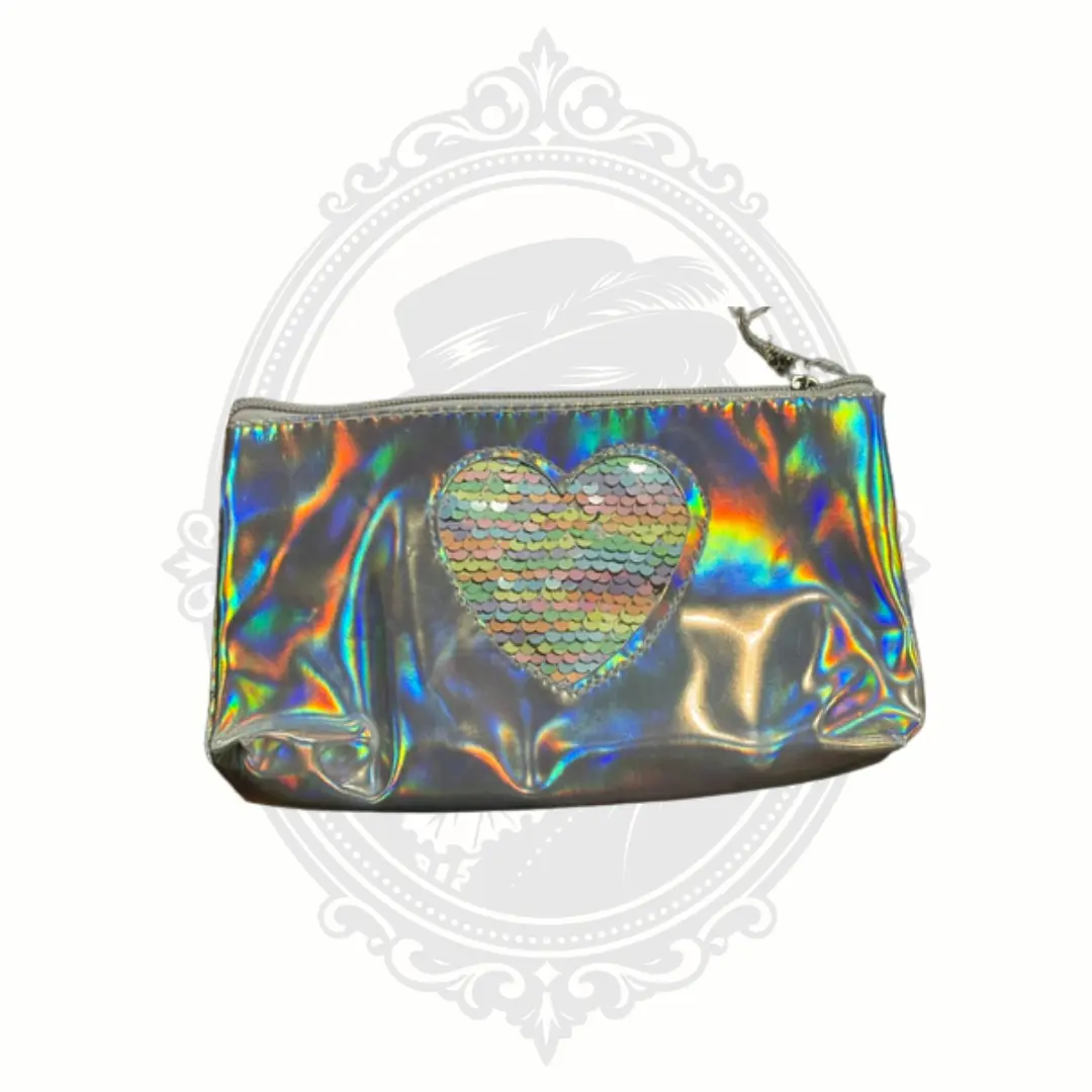 Y2K Silver Holographic Makeup Bag with Reversible Sequin Heart Cosmetic Pouch