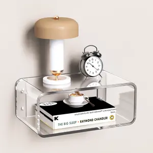 Clear Small Acrylic Floating Bedside Table - Wall-Mounted Nightstand Shelf for Bedroom Furniture