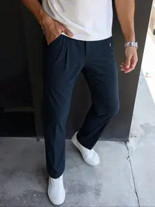 Men's Fashion Solid Color Plain Regular Fit Elegant Pants, Casual Fitted Trousers, Side Pockets with Zipper, Suitable for All Seasons Office Casual Wear