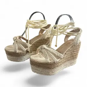 Elegant Roman Jute Wedge Sandals 12cm Brown & White Open Toe Velcro Closure Summer Event Walking Shoes for Girls