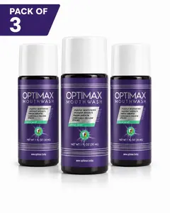 Pack of 3 - Optimax Mouthwash Purple Teeth Whitening, 1 fl. oz. each fresh breath, conceals yellow stains, fresh mint, oral, oral care, personal care, instant results, whiter smile