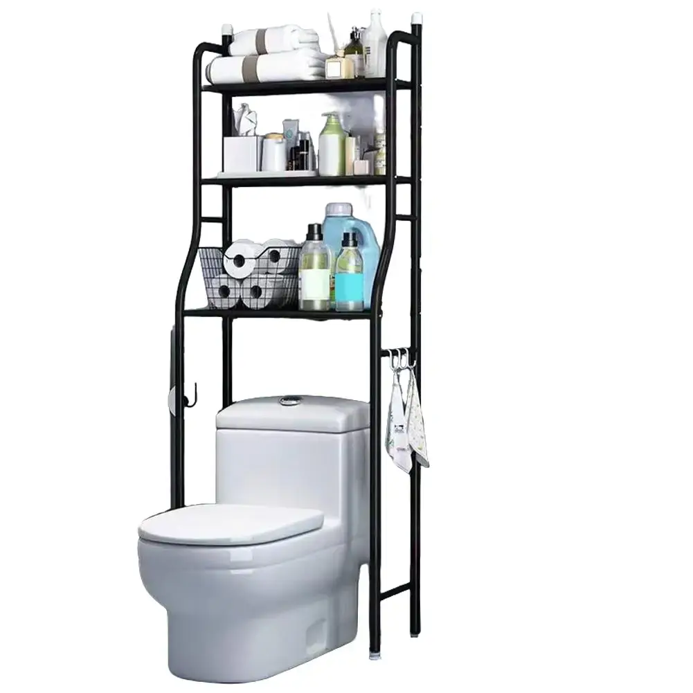 Space-Saving Over Toilet Storage Shelf Bathroom Organizer Rack w Removable Hooks - Iron, White, 3-Tier