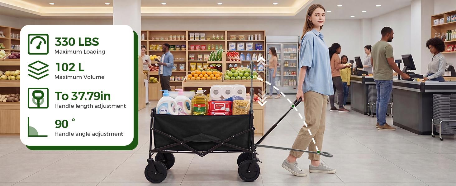 Sweetcrispy Collapsible Folding Wagon - Oxford Cloth Quick-Fold Utility Cart, 102L Large Capacity, 330 lbs Heavy-Duty Trolley with Wheels & Flexible Handle for Outdoor Camping, Grocery Shopping