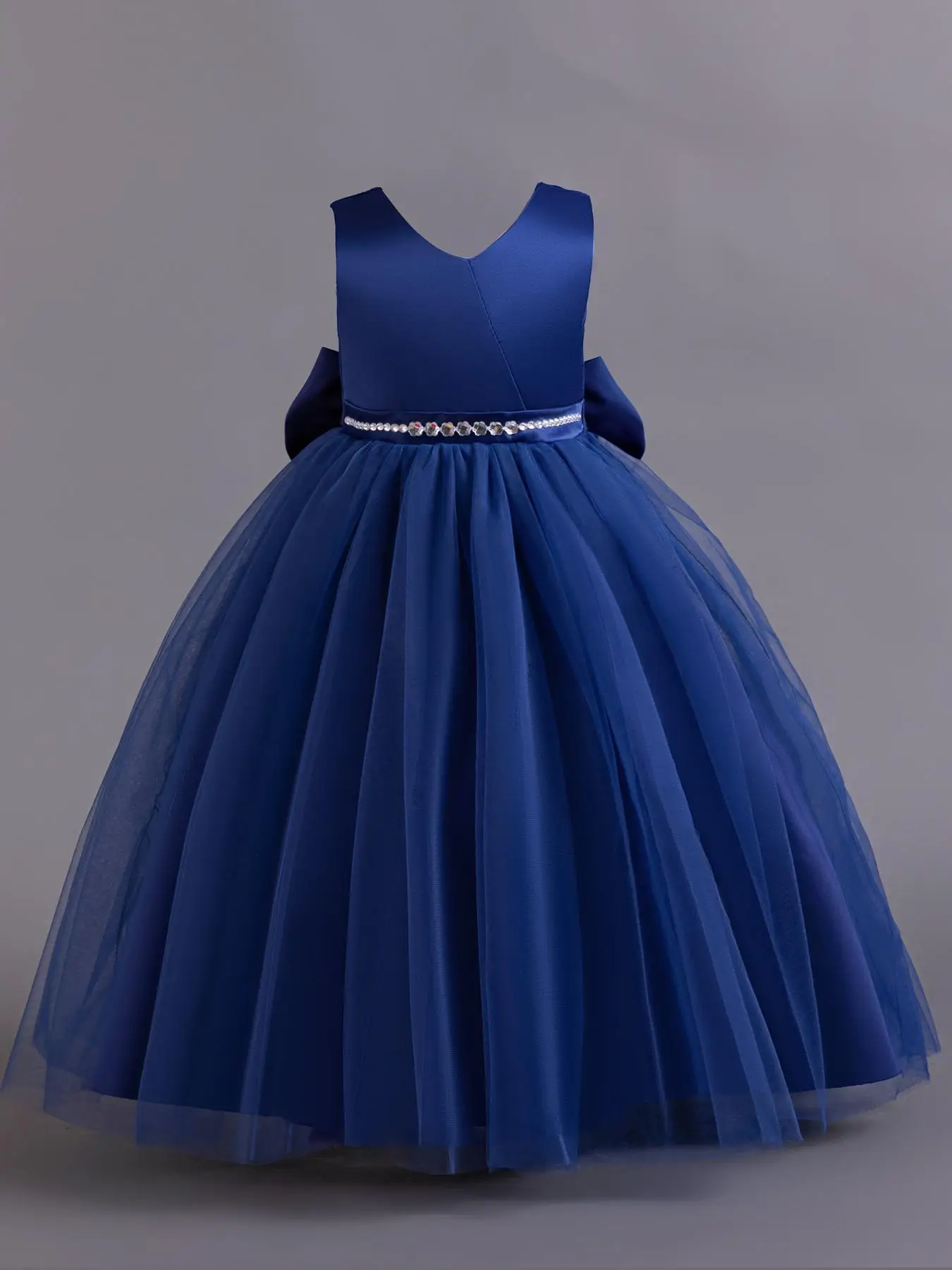 Girl's Rhinestone Decor Bow Back Decor Tulle Dress, Elegant Sleeveless V Neck High Waist Fit & Flare Dress for Party Evening Formal Occasions, Kids Cl