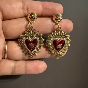 Red Sacred Heart Earrings with Gold Accents and Sparkling Centerpiece for Elegant Fashion