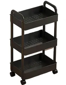 3 Tier Rolling Storage Cart with ABS Construction - Black Home Utility Organizer, Lockable Wheels for Home Supplies Storage Holders & Racks