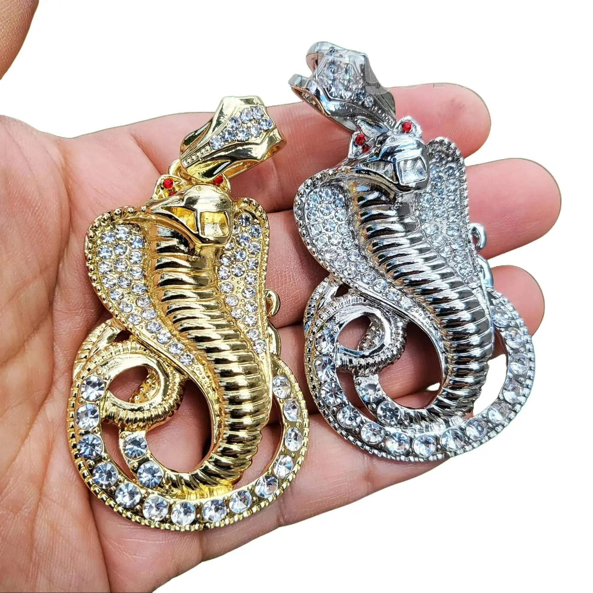 MaxBling81 Unisex Large Cobra Pendant, Hip Hop Iced Out Gold or Silver Plated with Polished Cubic Zirconia, Fashionable Accessories, Snake, Casual Wear, 1.75 Inches, Polished Stones, Plated Metal, 3.5" Tall, Polished Cz