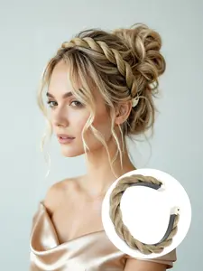(Khaki) Women's Braided Headband Wig, 14-Inch Synthetic Fiber Headband Braid with Non-Slip Comb, Fashionable Double-Strand Design, High Quality & Easy to Wear, Perfect for Parties, Festivals, and Halloween
