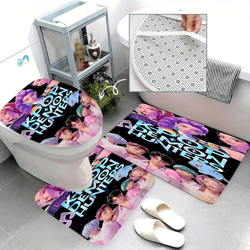 Creative K-Pop Demon Hunters Shower Curtain Set, Fantasy Cute Pet Design, Bathroom Accessories, Includes Bath Mat, Toilet Lid Cover, Hooks