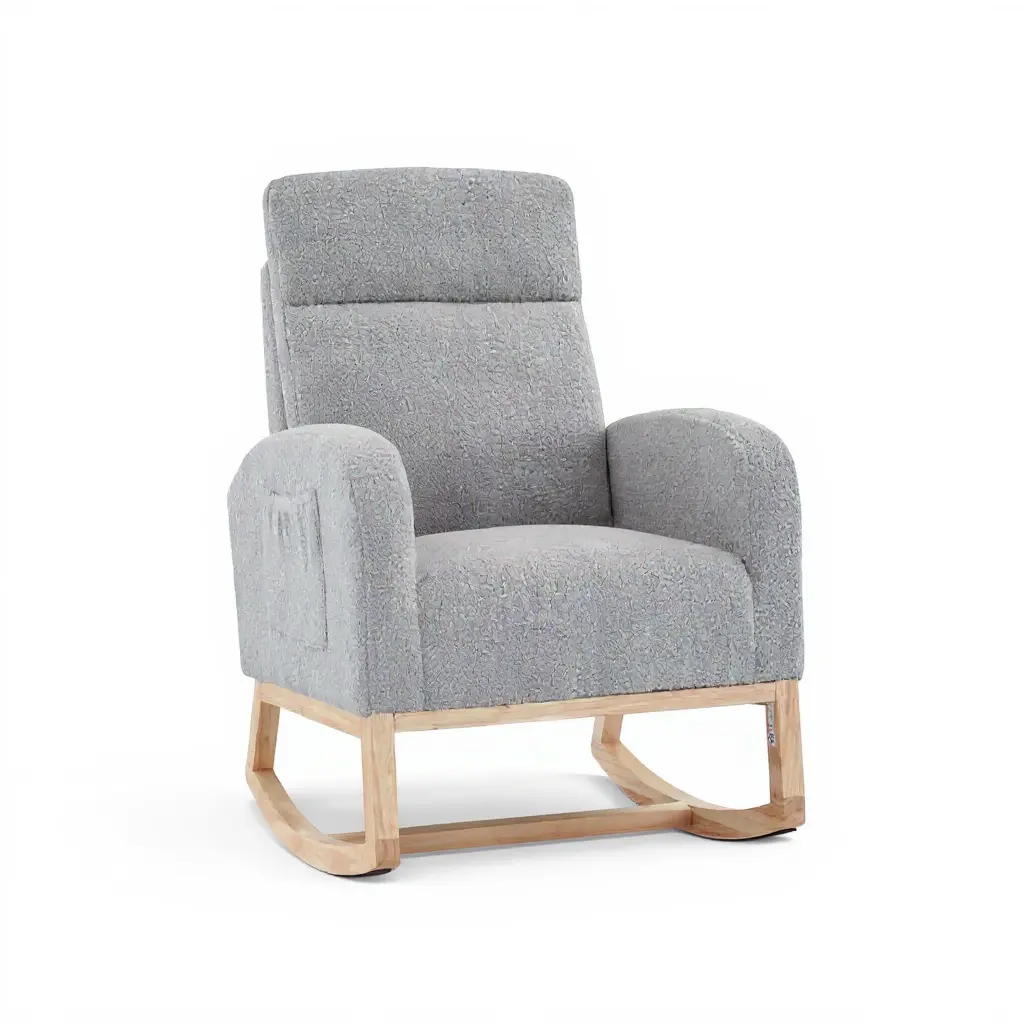 【GARVEE】Nursery Wingback Rocking Glider Chair with Tall Back, Upholstered Accent Rocker, Side Pocket, and Rubber Wood Legs, Available in Beige and Grey for Living Room