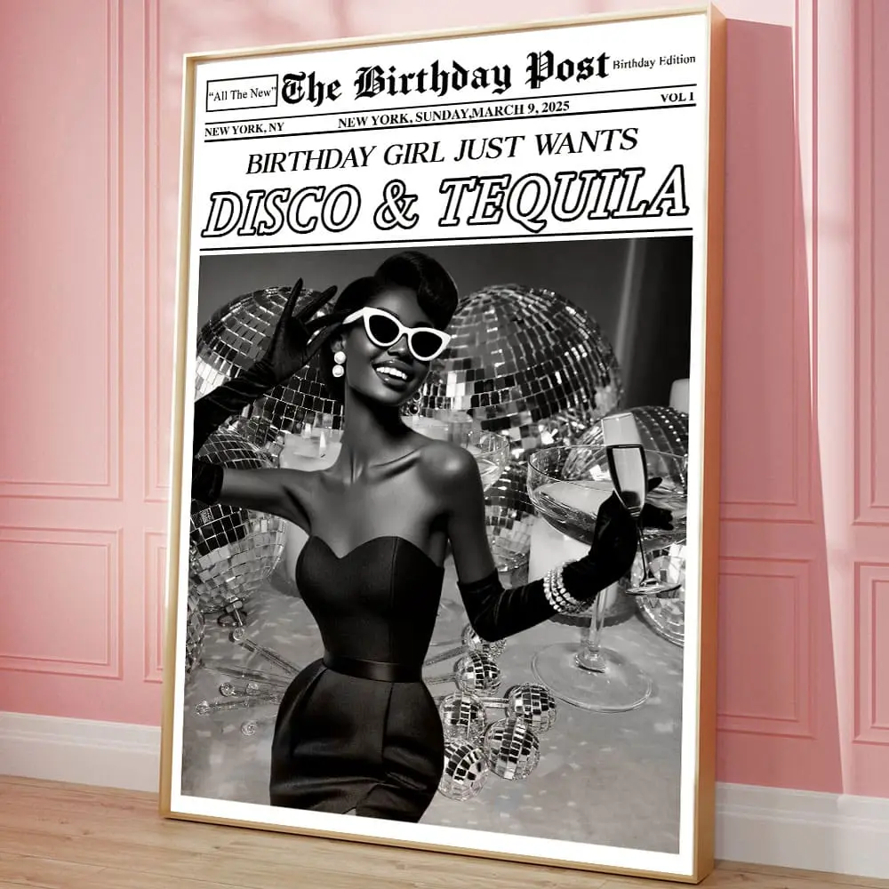 Happy Black Women Birthday Poster, Disco and Tequila Newspaper Headline Poster, Disco Ball Birthday Party Trendy Newspaper Print, Retro Bar Cart Girl Dorm Room Decor