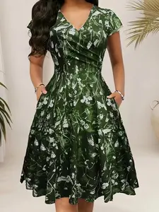 Elegant Floral Abstract Geometric Print V-Neck Midi Dress, Pocket Design, Casual Daily Wear, Spring & Fall Fashion, Fitted Style