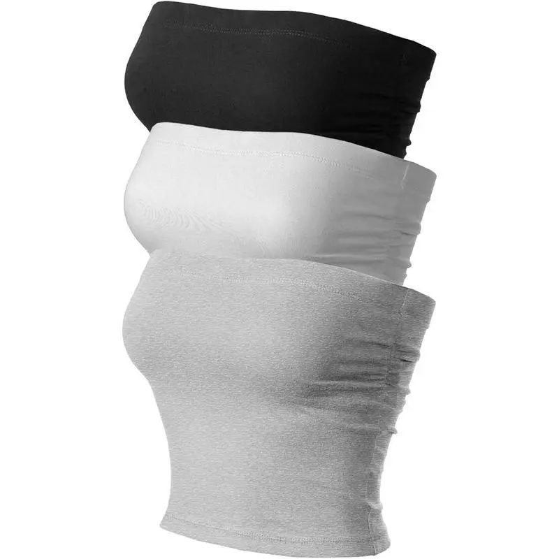 Women's 3-Pack Casual Summer Tube Top with Ruched Side, Backless Design, Double Layers, Built-in Shelf Bra, Nylon Blend, Magnetic Fasten, RFID Protection, Casual Outings Fit, Junior Sizing
