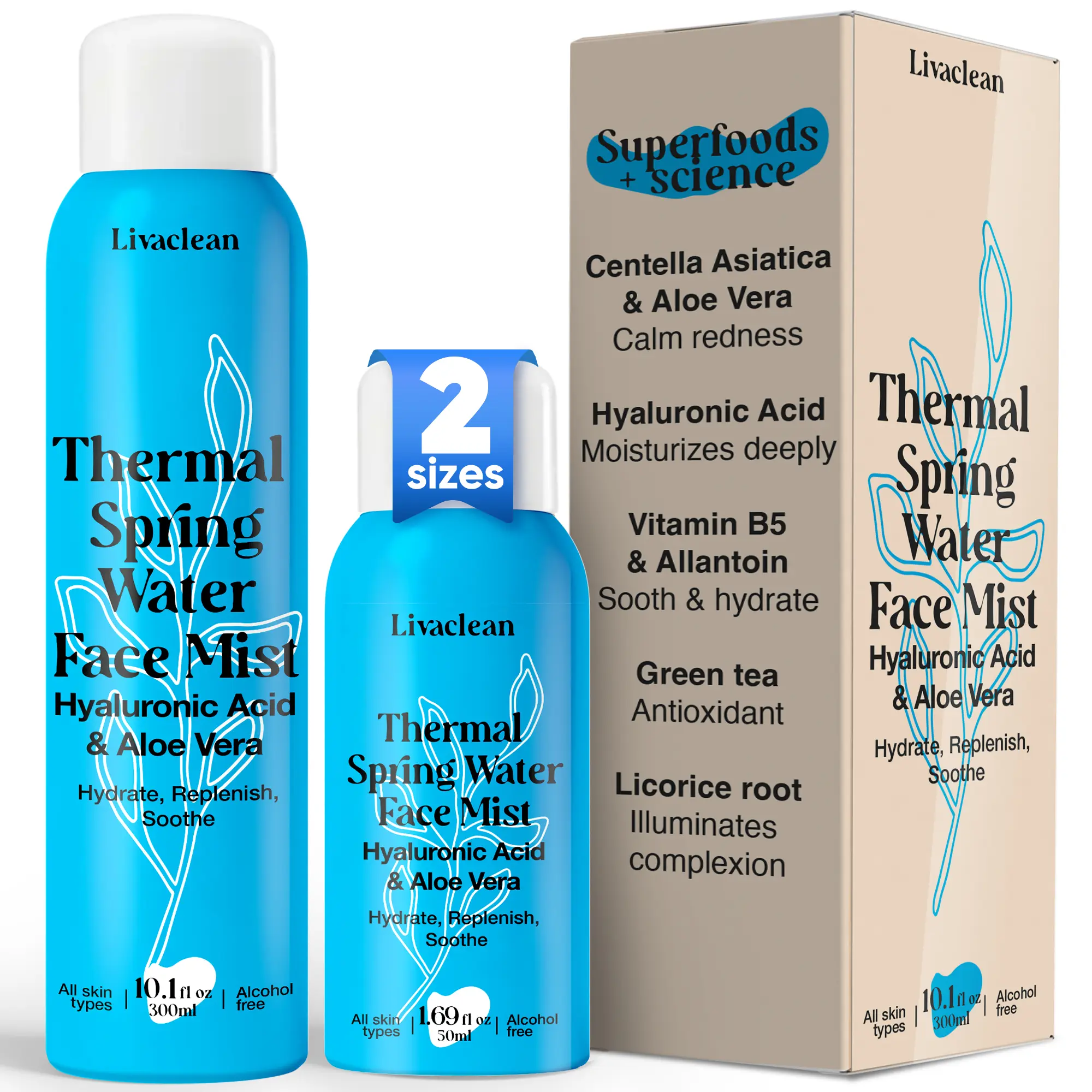 LivaClean Thermal Spring Water Face Mist 10.1 Fl oz + 1.69 Fl oz with Hyaluronic Acid & Aloe Vera for Hydration and Skin Health Moisturizer Daily Collagen Moisture Filler Hydrating Face Mist Moisturizing