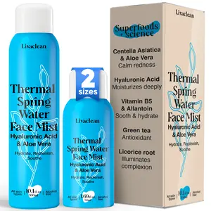 LivaClean Thermal Spring Water Face Mist 10.1 Fl oz + 1.69 Fl oz with Hyaluronic Acid & Aloe Vera for Hydration and Skin Health Moisturizer Daily Collagen Moisture Filler