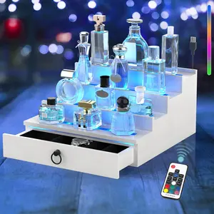 LED Illuminated 4-Tier Display Shelf Stylish Perfume Dessert & Aromatherapy Organizer for Vanity Dresser & Countertop Three-Tier Wooden Cologne with Velvet Lined Drawer & Multi Lighting Modes
