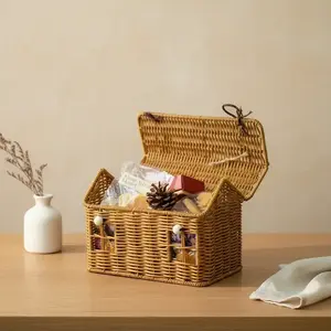 Handmade Woven House-Shaped Basket with Lid, Party Candy Storage, Storage for Organizing, Gift Box, Desktop Organizer, Home Decor, All-Season Use