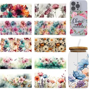 UV DTF Cup Wrap Transfer Stickers for Glass 12 Sheets UV DTF Cup Wraps for 16 OZ for Crafting Cup Decal Stickers Glass Cups Furniture Craft DIY Crafts (Flower)