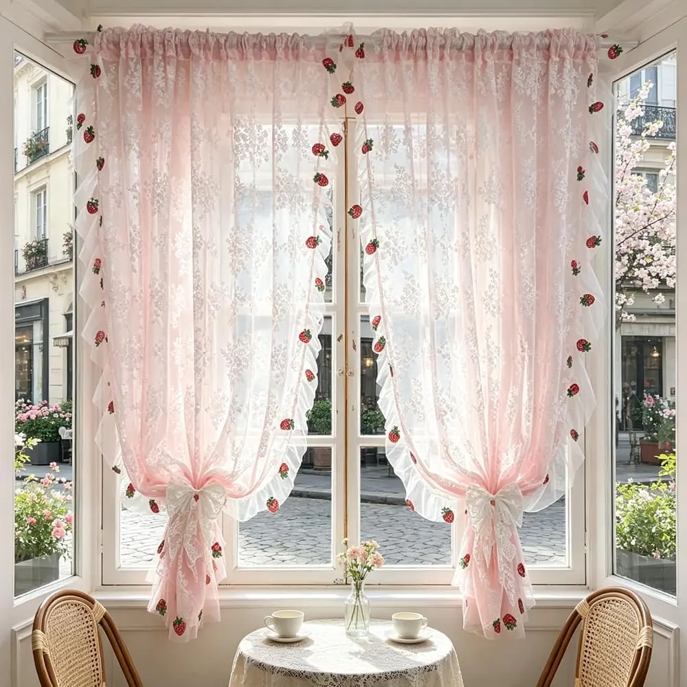 Romantic Pink Floral Lace Sheer Curtains with Strawberry Embroidery Ruffles | Light Filtering Princess Voile Victorian Drapes with Ruffle Trim for Daughters Bedroom Arched Bay Window Rod Pocket 1 Panel