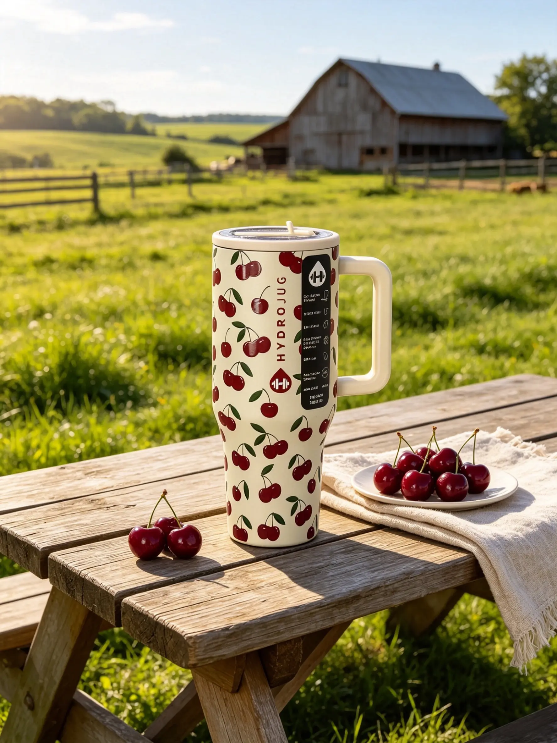HydroJug 40oz Cherry Pattern, Handles Included Insulated Cup, Cooler Cup, Keeps Summer Refreshing, Stainless Steel Travel Cup, Leak-Proof, BPA-Free, Suitable for Ice Coffee, Car Office Drinking Accessories, Water Bottles, and Bottled Beverages. fathersday