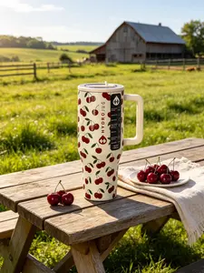 HydroJug 40oz Cherry Pattern, Handles Included Insulated Cup, Cooler Cup, Keeps Summer Refreshing, Stainless Steel Travel Cup, Leak-Proof, BPA-Free, Suitable for Ice Coffee, Car Office Drinking Accessories, Water Bottles, and Bottled Beverages.