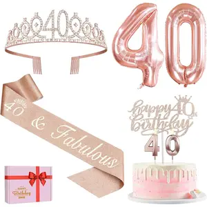 40th Birthday Decorations for Women, Include 40th Birthday Sash, Crown, Cake Topper, Candles, Number Balloons, 40 Year Old Gifts for Women