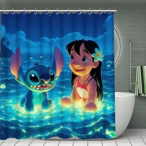 Disney Classic Lilo and Stitch Waterproof Shower Curtain, Digital Printing Watercolor Oceanic Adventure Design, Blue Artistic Tropical Island Vibes, Durable Fabric Easy Care Bathroom Home Decor, New Home Gift