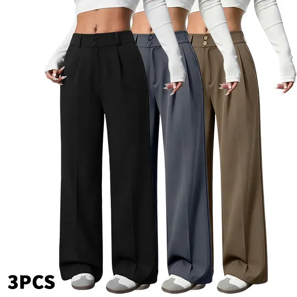 3-Pack High-Waist Double-Button Pleated Wide-Leg Dress Pants — 4 Colors, Drapey Floor-Length Straight-Cut Women’s Suit Pants for Work and Everyday Wear, Slimming Fit
