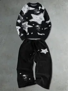 Men's Full-Print Long Sleeve Sweater & Fashion Straight-Leg Pants Set, Outfit, Loose Fit Casual Warm, Pocket and Drawstring Waist, Best Gift, Clothes