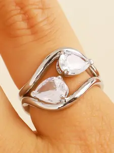 Silver Color Dual Teardrop Open Ring, Minimalist Luxury Design Index Finger Ring, Detachable Twin Teardrop Zircon Wrap Ring