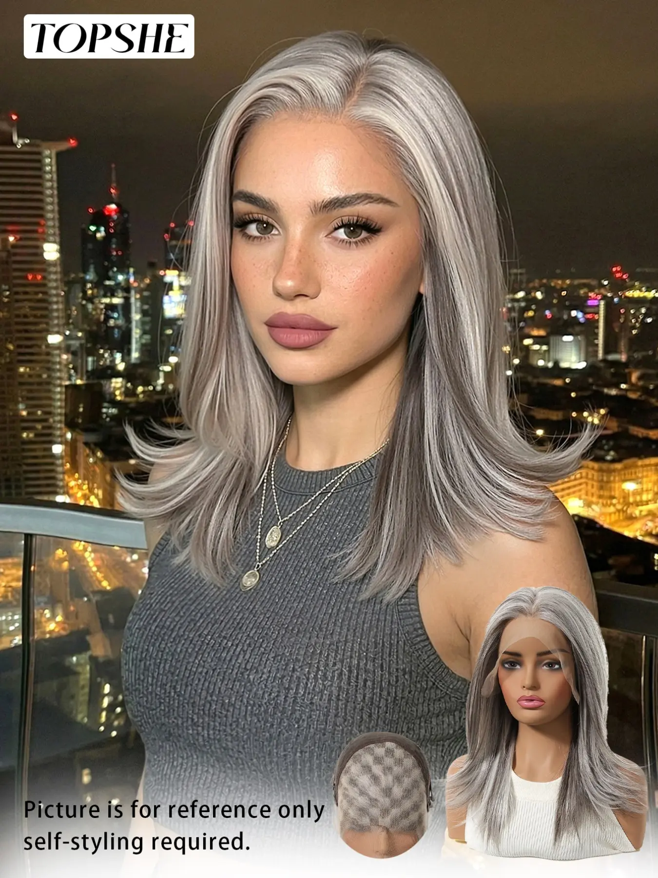 Topshe 13x6 Grey Silver Layered Straight Lace Front Wig Pre Plucked Wigs Fashion Wig Synthetic Hair Pre-Plucked Natural Hairline Heat Resistant Soft Silky Wig for Women Daily Use