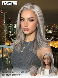 Topshe 13x6 Grey Silver Layered Straight Lace Front Wig Fashion Wig Synthetic Hair Pre-Plucked Natural Hairline Heat Resistant Soft Silky Wig for Women Daily Use
