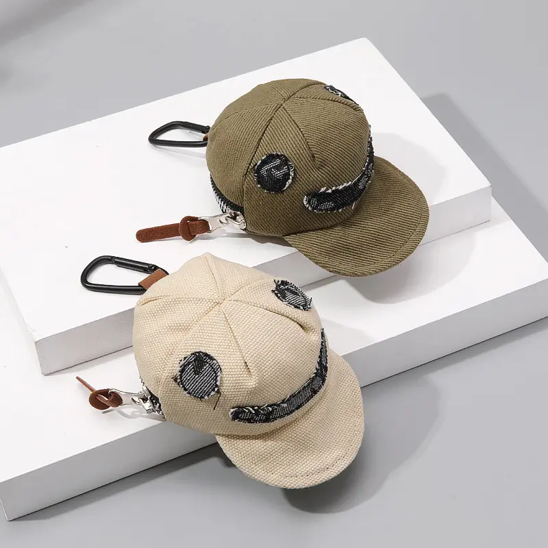 Miniature Hat-Shaped Zipper Pouch with Carabiner, Keychain & Distressed Smile Patch - Compact Lightweight Baseball Cap Coin Purse, Simple No-Frills Portable Small Storage Bag for Tiny Accessories, Cute,back to school,back to school haul