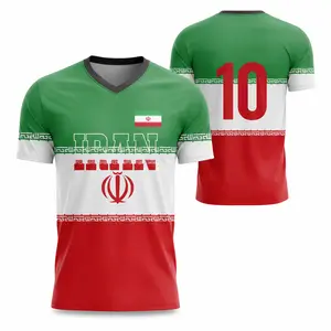 Iran Soccer Jersey Shirt, Green White Red V-Neck Short Sleeve Sports Tee, Number 10  Game Day Fan Top for Men Women