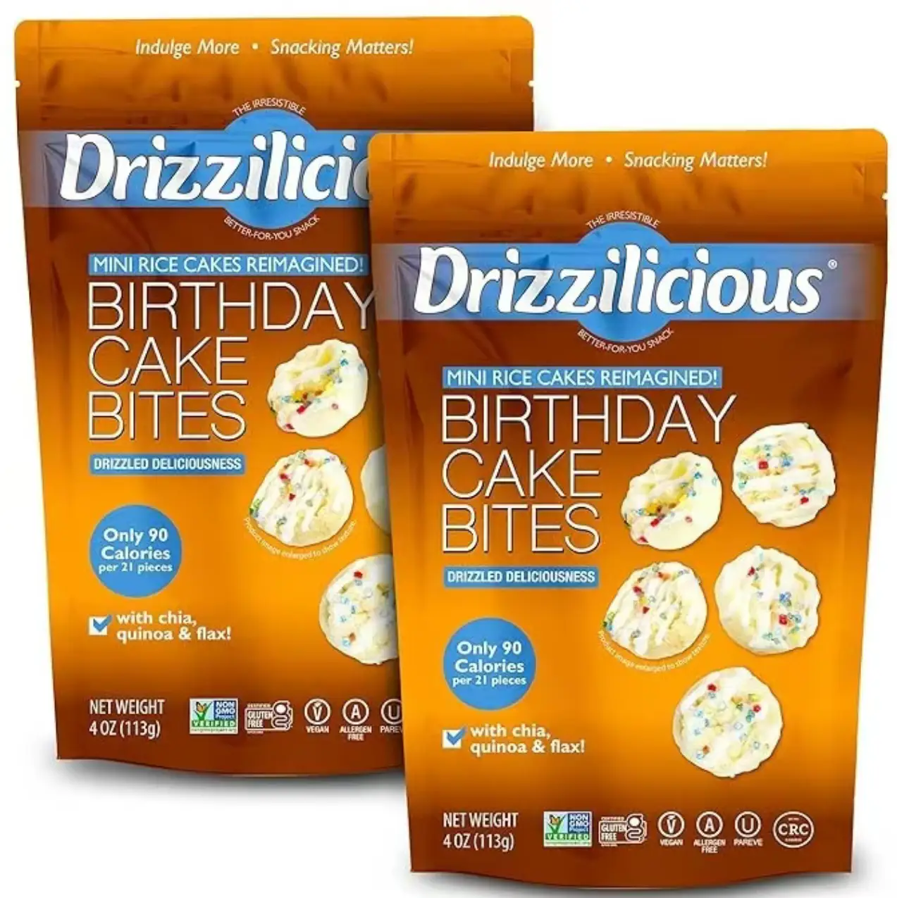 Drizzilicious Birthday Cake Mini Rice Cakes - Gluten-Free, Vegan, Crunchy Snack, 4 oz (Pack of 2), 90 Calories per Serving, Allergen Free, Sweet Treat