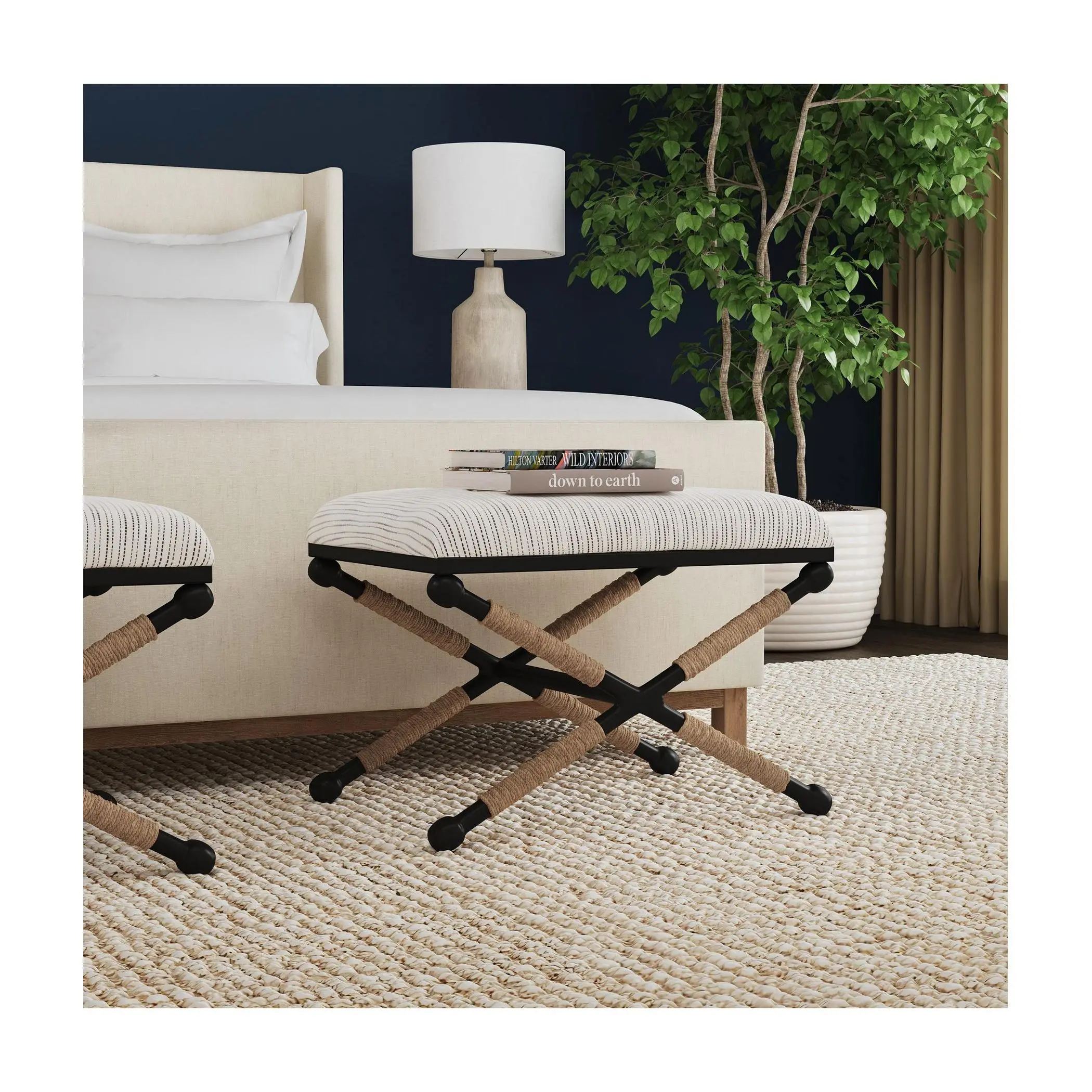 Linon Home Codele Campain Upholstered Accent Stool w/Rope Base