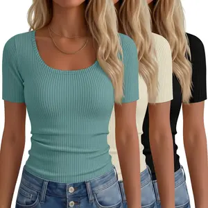 3 Pack Fitted Ribbed Scoop Neck for Women, Tight Short Sleeve Tops Slim Basic Tee Trendy Summer Blouses
