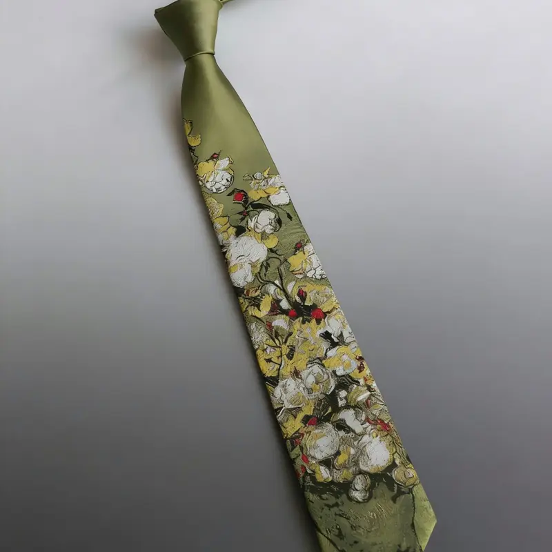Van Gogh Roses Luxury Chic 2400 Needle Jacquard Weaving Tie, Sage Green Artistic Floral Pattern, Floral Print, Designer Tie with Gift Box, Casual Elegant Tie, Perfect for Wedding& Casual Wear, Unisex Tie, Van Gogh Brushstrokes