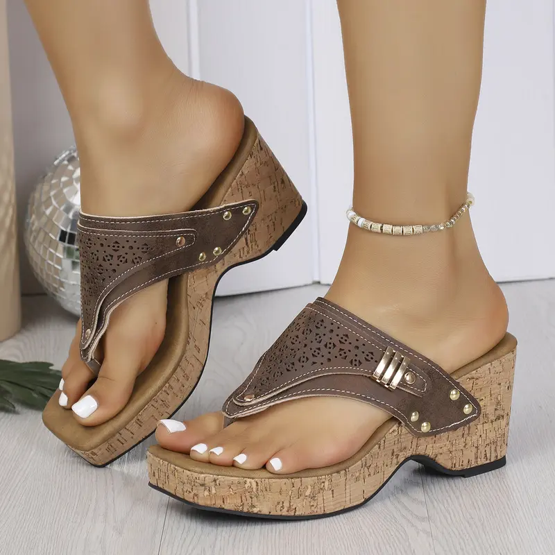 Women's Summer Perforated Faux Suede Cork Wedge Thong Heels - Bohemian Style, Breathable Platform, Casual Beach, Elevated Studded Retro Party Vacation Shoes, Bohemian Style Sandals, Breathable Platform Sandals