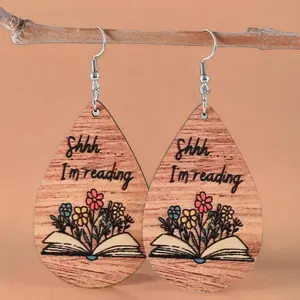 Adorable Wood Shhhh I am Reading Earrings