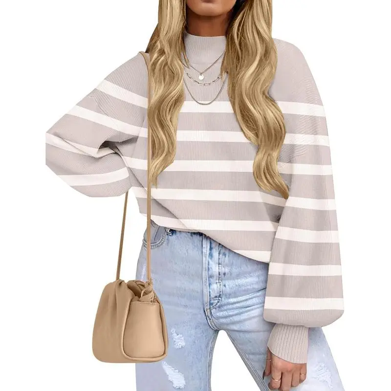 ZESICA Women’s 2026 Fall Turtleneck Knitting Sweater - Long Sleeve Striped Ribbed Loose Pullover Tops, Casual Cozy Check Plaid Knitwear for Autumn Outfits (Low Iron, Line Dry)