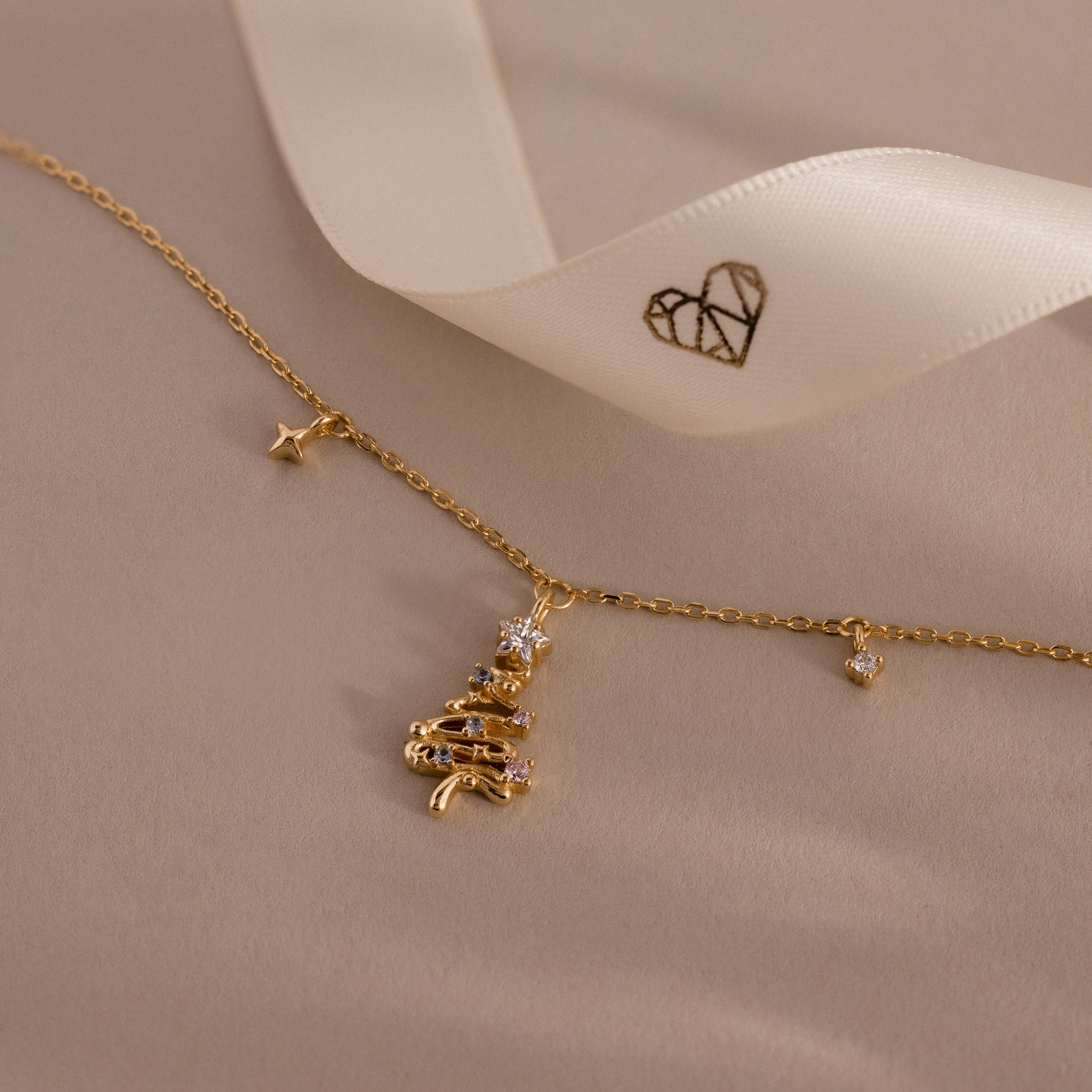 Holiday Diamond Tree Necklace by Caitlyn Minimalist - Dainty Crystal Tree & Star Charm Necklace in Gold & Silver - Christmas Jewelry Gift for Her