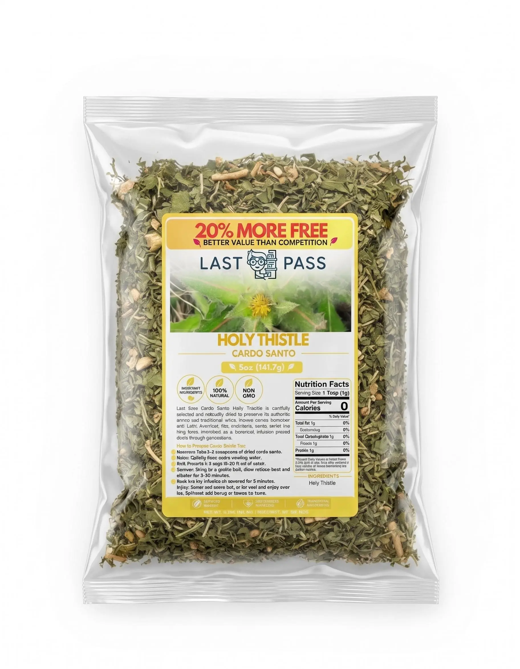 LAST PASS Cardo Santo Loose Leaf Herbal Tea - Traditional, Natural, Non-Caffeinated, 0-Calorie 4oz Dried Holy Thistle Beverage